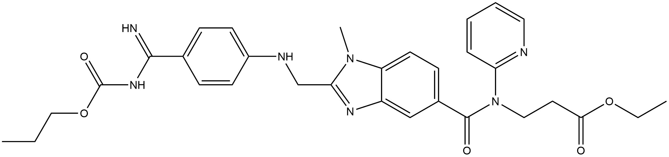 β-Alanine, N-[[2-[[[4-[imino[(propoxycarbonyl)amino]methyl]phenyl]amino]methyl]-1-methyl-1H-benzimidazol-5-yl]carbonyl]-N-2-pyridinyl-, ethyl ester Struktur