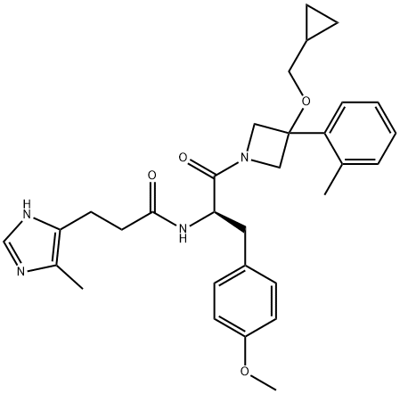 1H-Imidazole-5-propanamide, N-[(1R)-2-[3-(cyclopropylmethoxy)-3-(2-methylphenyl)-1-azetidinyl]-1-[(4-methoxyphenyl)methyl]-2-oxoethyl]-4-methyl- Struktur