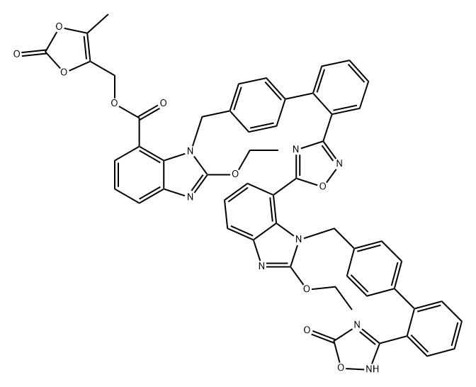 1H-Benzimidazole-7-carboxylic acid, 1-[[2'-[5-[1-[[2'-(2,5-dihydro-5-oxo-1,2,4-oxadiazol-3-yl)[1,1'-biphenyl]-4-yl]methyl]-2-ethoxy-1H-benzimidazol-7-yl]-1,2,4-oxadiazol-3-yl][1,1'-biphenyl]-4-yl]methyl]-2-ethoxy-, (5-methyl-2-oxo-1,3-dioxol-4-yl)methyl e Struktur