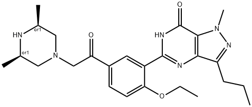 7H-Pyrazolo[4,3-d]pyrimidin-7-one, 5-[5-[2-[(3R,5S)-3,5-dimethyl-1-piperazinyl]acetyl]-2-ethoxyphenyl]-1,6-dihydro-1-methyl-3-propyl-, rel- Struktur