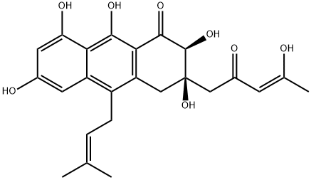 1(2H)-Anthracenone, 3,4-dihydro-2,3,6,8,9-pentahydroxy-3-[(3Z)-4-hydroxy-2-oxo-3-penten-1-yl]-10-(3-methyl-2-buten-1-yl)-, (2S,3R)- Struktur