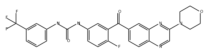 Urea, N-[4-fluoro-3-[[3-(4-morpholinyl)-6-quinoxalinyl]carbonyl]phenyl]-N'-[3-(trifluoromethyl)phenyl]- Struktur