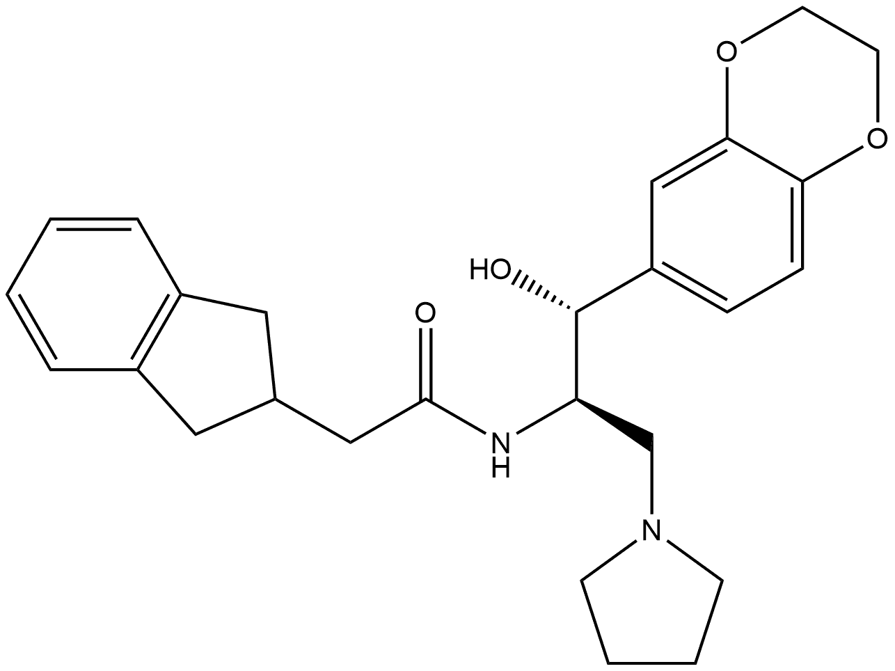 N-[(1R,2R)-2-(2,3-Dihydro-1,4-benzodioxin-6-yl)-2-hydroxy-1-(1-pyrrolidinylmethyl)ethyl]-2,3-dihydro-1H-indene-2-acetamide Struktur