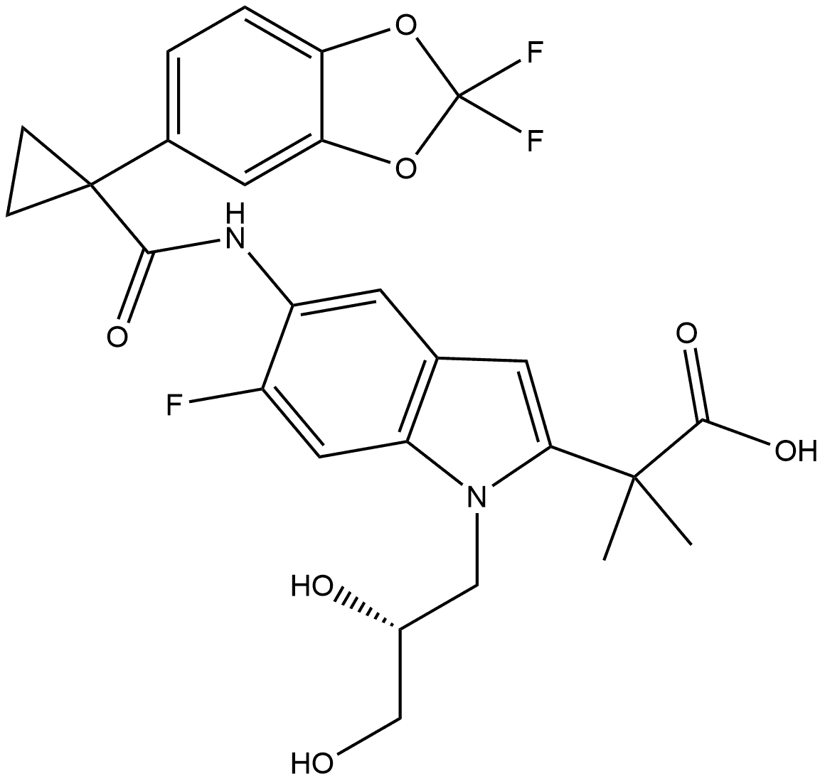 1H-Indole-2-acetic acid, 5-[[[1-(2,2-difluoro-1,3-benzodioxol-5-yl)cyclopropyl]carbonyl]amino]-1-[(2R)-2,3-dihydroxypropyl]-6-fluoro-α,α-dimethyl- Struktur