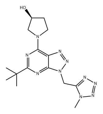 3-Pyrrolidinol, 1-[5-(1,1-dimethylethyl)-3-[(1-methyl-1H-tetrazol-5-yl)methyl]-3H-1,2,3-triazolo[4,5-d]pyrimidin-7-yl]-, (3S)- Struktur