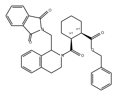 Cyclohexanecarboxylic acid, 2-[[1-[(1,3-dihydro-1,3-dioxo-2H-isoindol-2-yl)methyl]-3,4-dihydro-2(1H)-isoquinolinyl]carbonyl]-, phenylmethyl ester, (1R,2S)-rel- Struktur