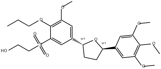 Ethanol, 2-[[3-methoxy-2-propoxy-5-[(2R,5R)-tetrahydro-5-(3,4,5-trimethoxyphenyl)-2-furanyl]phenyl]sulfonyl]-, rel- Struktur