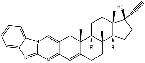 1H-Benzimidazo[2,1-b]cyclopenta[5,6]naphtho[1,2-g]quinazolin-1-ol, 1-ethynyl-2,3,3a,3b,4,5,15,15a,15b,16,17,17a-dodecahydro-15a,17a-dimethyl-, (1R,3aS,3bR,15aR,15bS,17aS)- Struktur