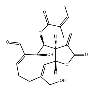 2-Butenoic acid, 2-methyl-, (3aS,4S,5S,6E,10Z,11aR)-6-formyl-2,3,3a,4,5,8,9,11a-octahydro-5-hydroxy-10-(hydroxymethyl)-3-methylene-2-oxocyclodeca[b]furan-4-yl ester, (2Z)- Struktur