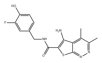 Thieno[2,3-c]pyridazine-6-carboxamide, 5-amino-N-[(3-fluoro-4-hydroxyphenyl)methyl]-3,4-dimethyl- Struktur