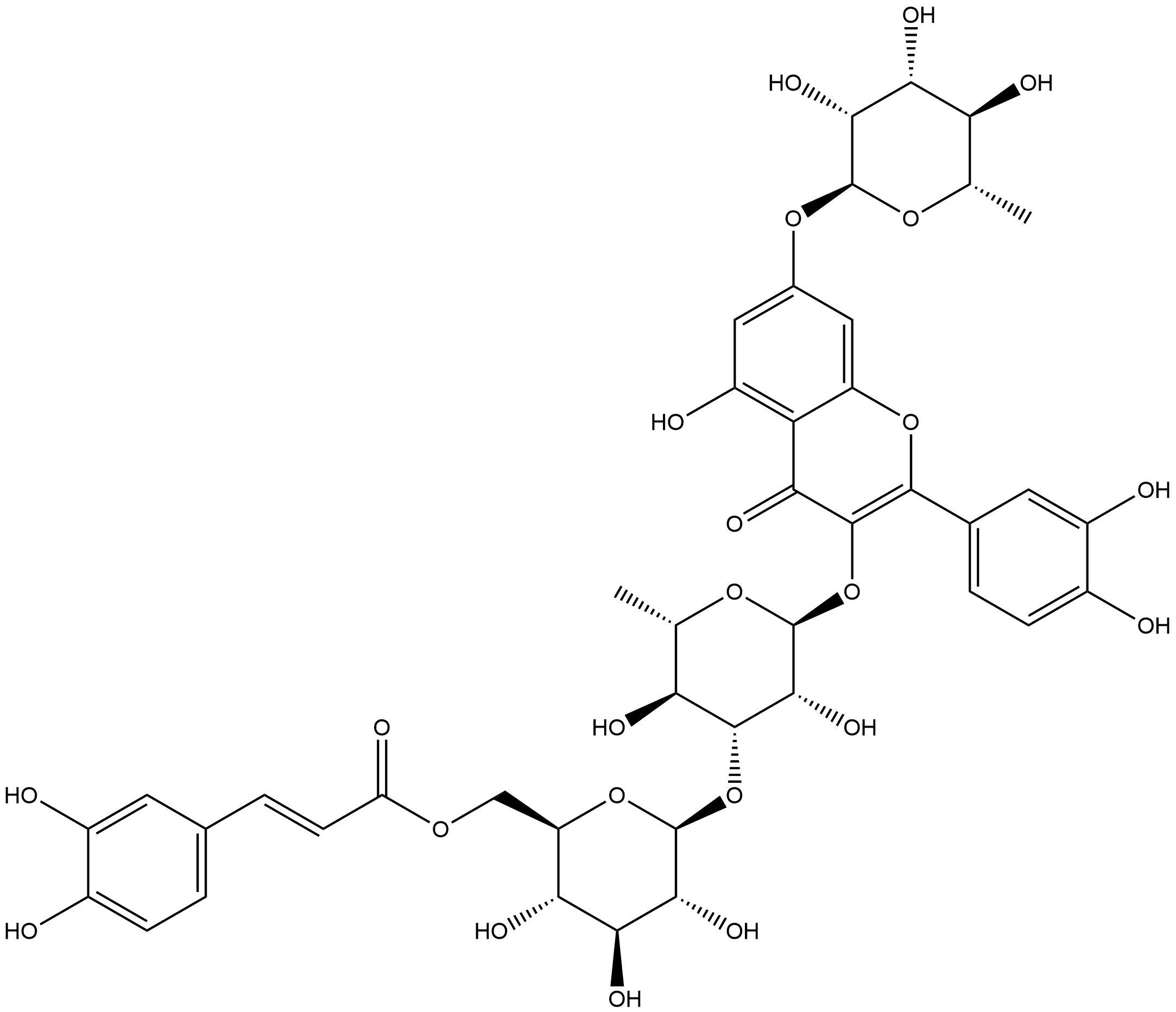 3-[[6-Deoxy-3-O-[6-O-[(2E)-3-(3,4-dihydroxyphenyl)-1-oxo-2-propen-1-yl]-β-D-glucopyranosyl]-α-L-mannopyranosyl]oxy]-7-[(6-deoxy-α-L-mannopyranosyl)oxy]-2-(3,4-dihydroxyphenyl)-5-hydroxy-4H-1-benzopyran-4-one Struktur