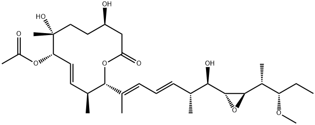 Oxacyclododec-9-en-2-one, 8-(acetyloxy)-4,7-dihydroxy-12-[(1E,3E,5R,6R)-6-hydroxy-6-[(2R,3R)-3-[(1R,2S)-2-methoxy-1-methylbutyl]-2-oxiranyl]-1,5-dimethyl-1,3-hexadien-1-yl]-7,11-dimethyl-, (4R,7R,8S,9E,11S,12S)- Struktur