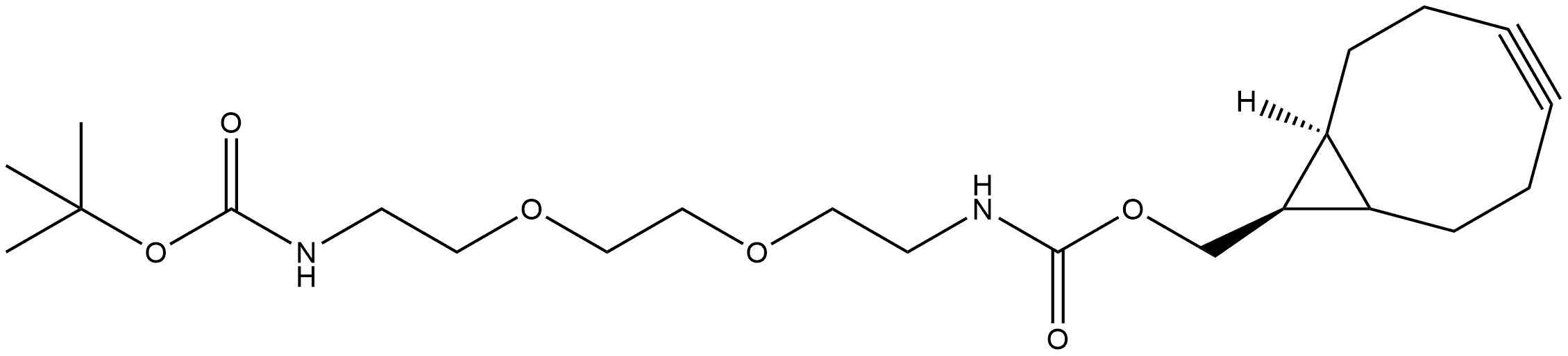 5,8-Dioxa-2,11-diazadodecanedioic acid, 1-[(1α,8α,9β)-bicyclo[6.1.0]non-4-yn-9-ylmethyl] 12-(1,1-dimethylethyl) ester, rel- Struktur