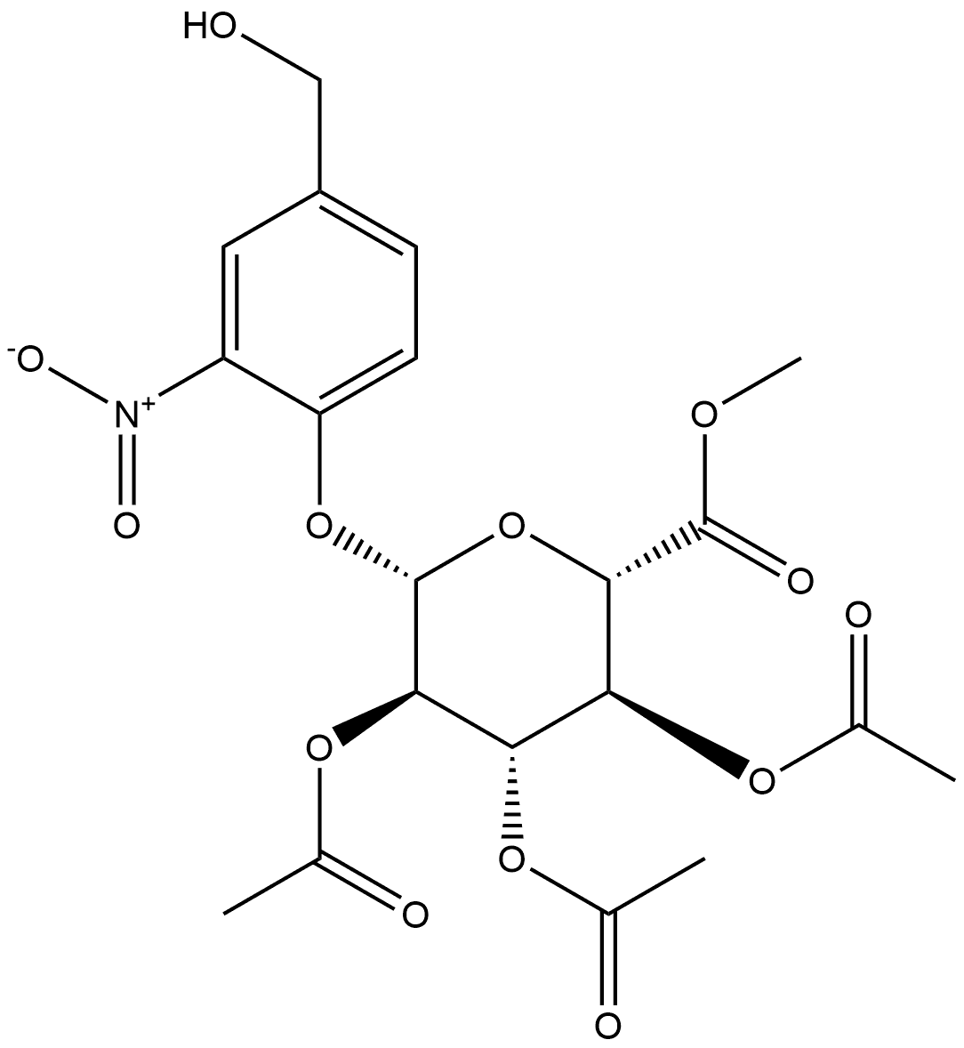 (25,3R,45,55,65)-2-(4-(hydroxymethyl)-2-nitrophenoxy)-6-(methoxycarbonyl)tetrahydro-2H-pyran-3,4,5-triyl triacetate Struktur