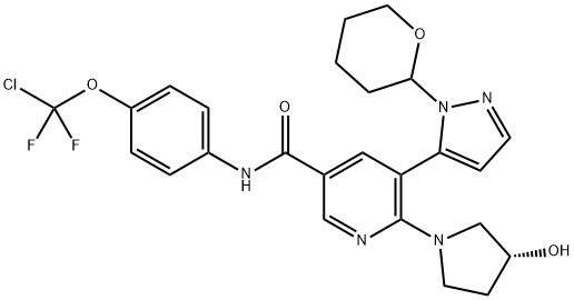 3-Pyridinecarboxamide, N-[4-(chlorodifluoromethoxy)phenyl]-6-[(3R)-3-hydroxy-1-pyrrolidinyl]-5-[1-(tetrahydro-2H-pyran-2-yl)-1H-pyrazol-5-yl]- Struktur