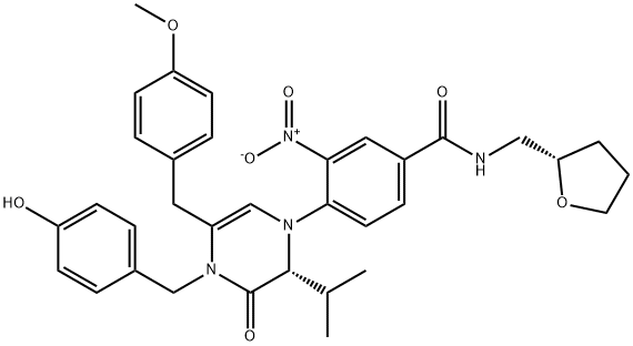 4-[(2R)-3,4-Dihydro-4-[(4-hydroxyphenyl)methyl]-5-[(4-methoxyphenyl)methyl]-2-(1-methylethyl)-3-oxo-1(2H)-pyrazinyl]-3-nitro-N-[[(2S)-tetrahydro-2-furanyl]methyl]benzamide Struktur