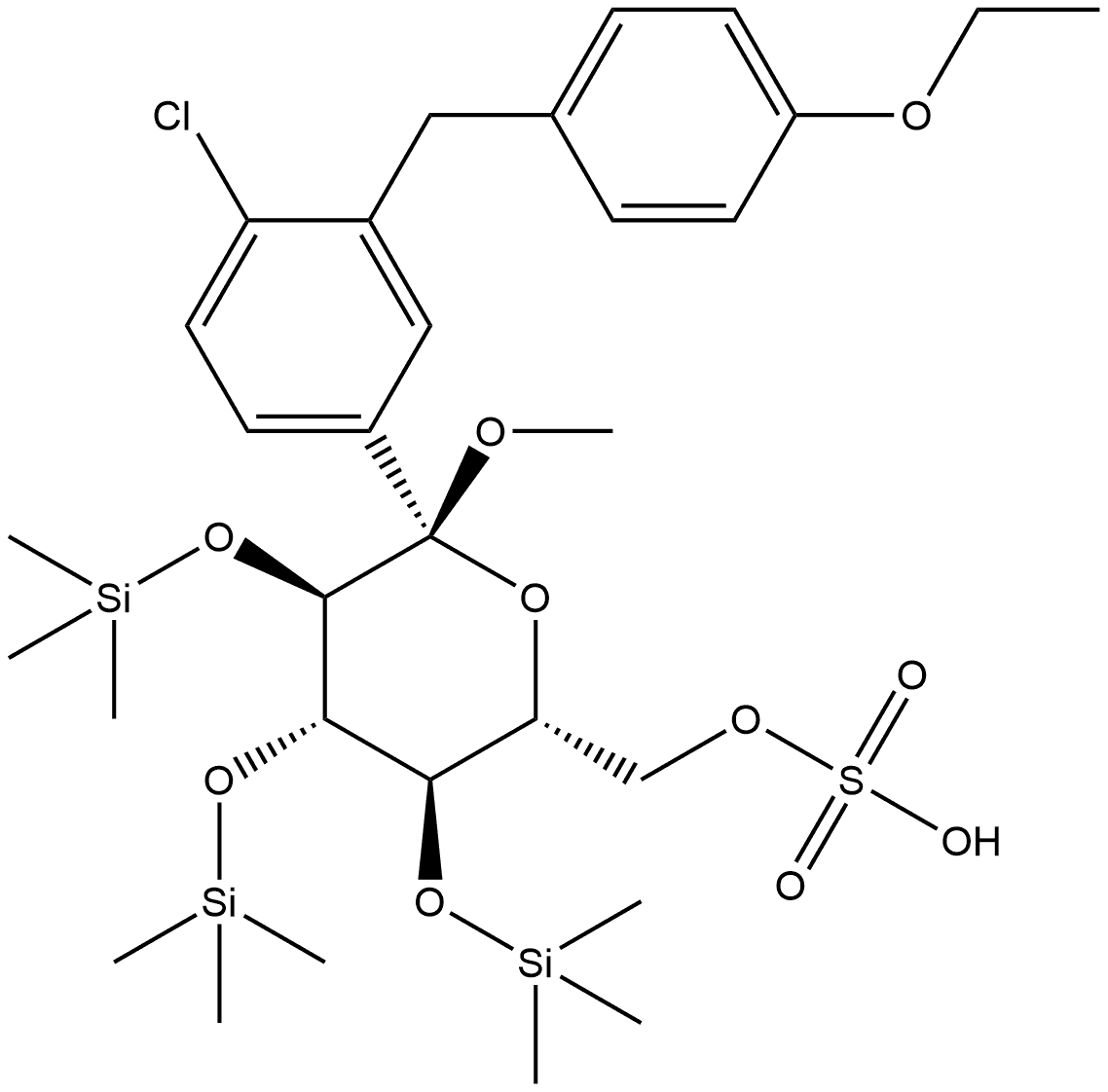 α-D-Glucopyranoside, methyl 1-C-[4-chloro-3-[(4-ethoxyphenyl)methyl]phenyl]-2,3,4-tris-O-(trimethylsilyl)-, 6-(hydrogen sulfate) Struktur