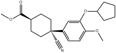 Cyclohexanecarboxylic acid, 4-cyano-4-[3-(cyclopentyloxy)-4-methoxyphenyl]-, methyl ester, cis- Struktur