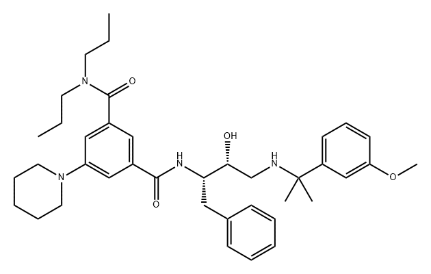 1,3-Benzenedicarboxamide, N3-[(1S,2R)-2-hydroxy-3-[[1-(3-methoxyphenyl)-1-methylethyl]amino]-1-(phenylmethyl)propyl]-5-(1-piperidinyl)-N1,N1-dipropyl- Struktur