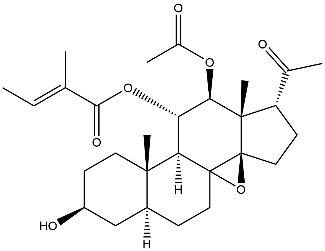 Pregnan-20-one, 12-(acetyloxy)-8,14-epoxy-3-hydroxy-11-[[(2E)-2-methyl-1-oxo-2-butenyl]oxy]-, (3β,5α,11α,12β,14β,17α)- Struktur