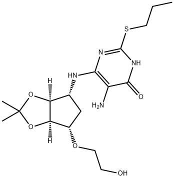 4(3H)-Pyrimidinone, 5-amino-2-(propylthio)-6-[[(3aS,4R,6S,6aR)-tetrahydro-6-(2-hydroxyethoxy)-2,2-dimethyl-4H-cyclopenta-1,3-dioxol-4-yl]amino]- Struktur