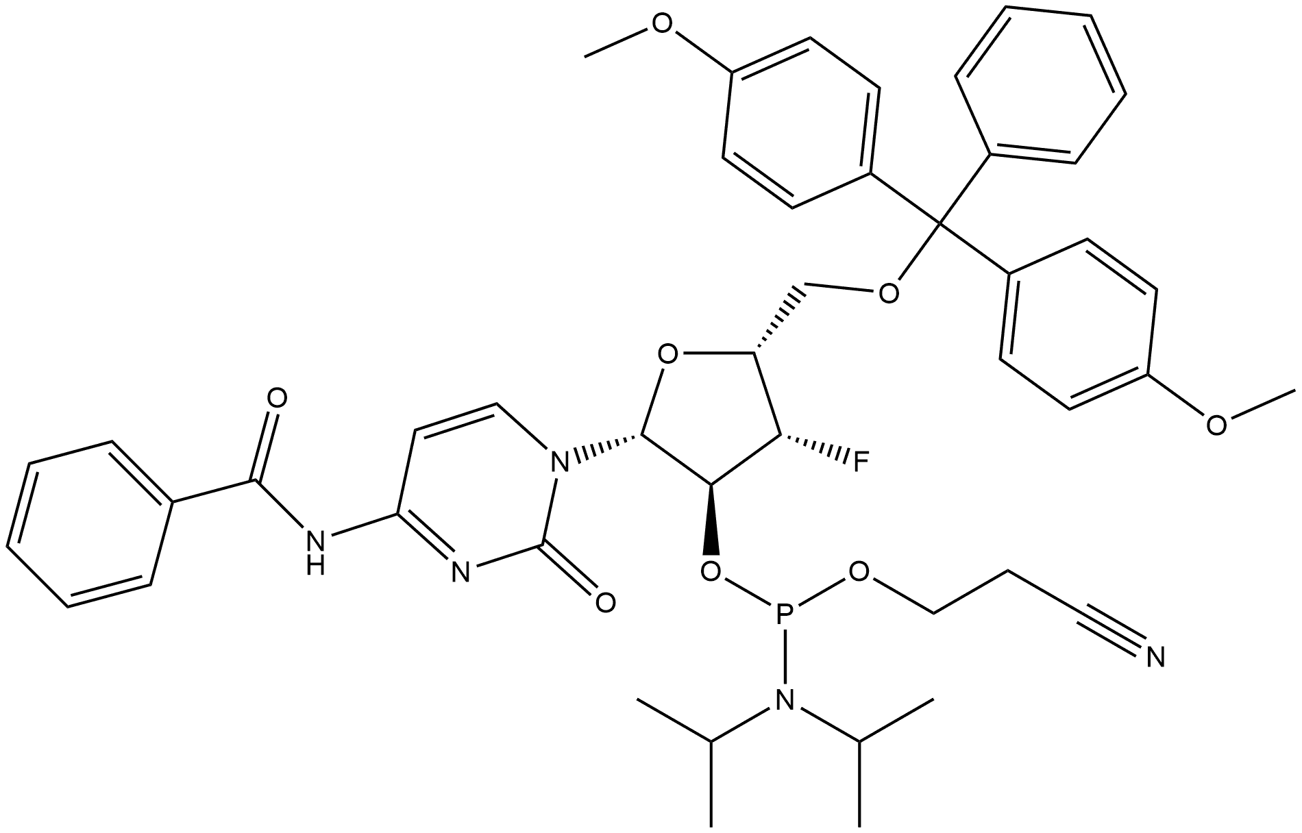 Benzamide, N-[1-[5-O-[bis(4-methoxyphenyl)phenylmethyl]-2-O-[[bis(1-methylethyl)amino](2-cyanoethoxy)phosphino]-3-deoxy-3-fluoro-β-D-xylofuranosyl]-1,2-dihydro-2-oxo-4-pyrimidinyl]- Struktur