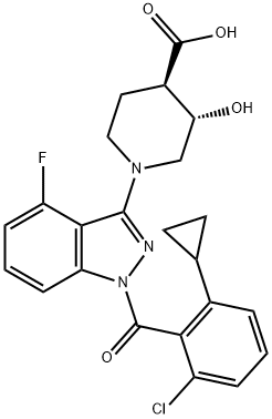 4-Piperidinecarboxylic acid, 1-[1-(2-chloro-6-cyclopropylbenzoyl)-4-fluoro-1H-indazol-3-yl]-3-hydroxy-, (3S,4R)- Struktur