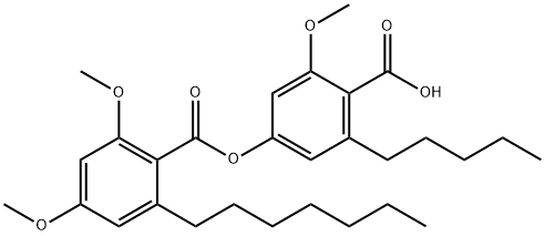 Benzoic acid, 2-heptyl-4,6-dimethoxy-, 4-carboxy-3-methoxy-5-pentylphenyl ester Struktur