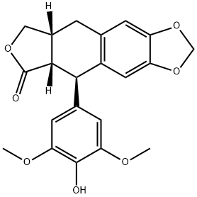 Furo[3',4':6,7]naphtho[2,3-d]-1,3-dioxol-6(5aH)-one, 5,8,8a,9-tetrahydro-5-(4-hydroxy-3,5-dimethoxyphenyl)-, (5R,5aS,8aR)- Struktur