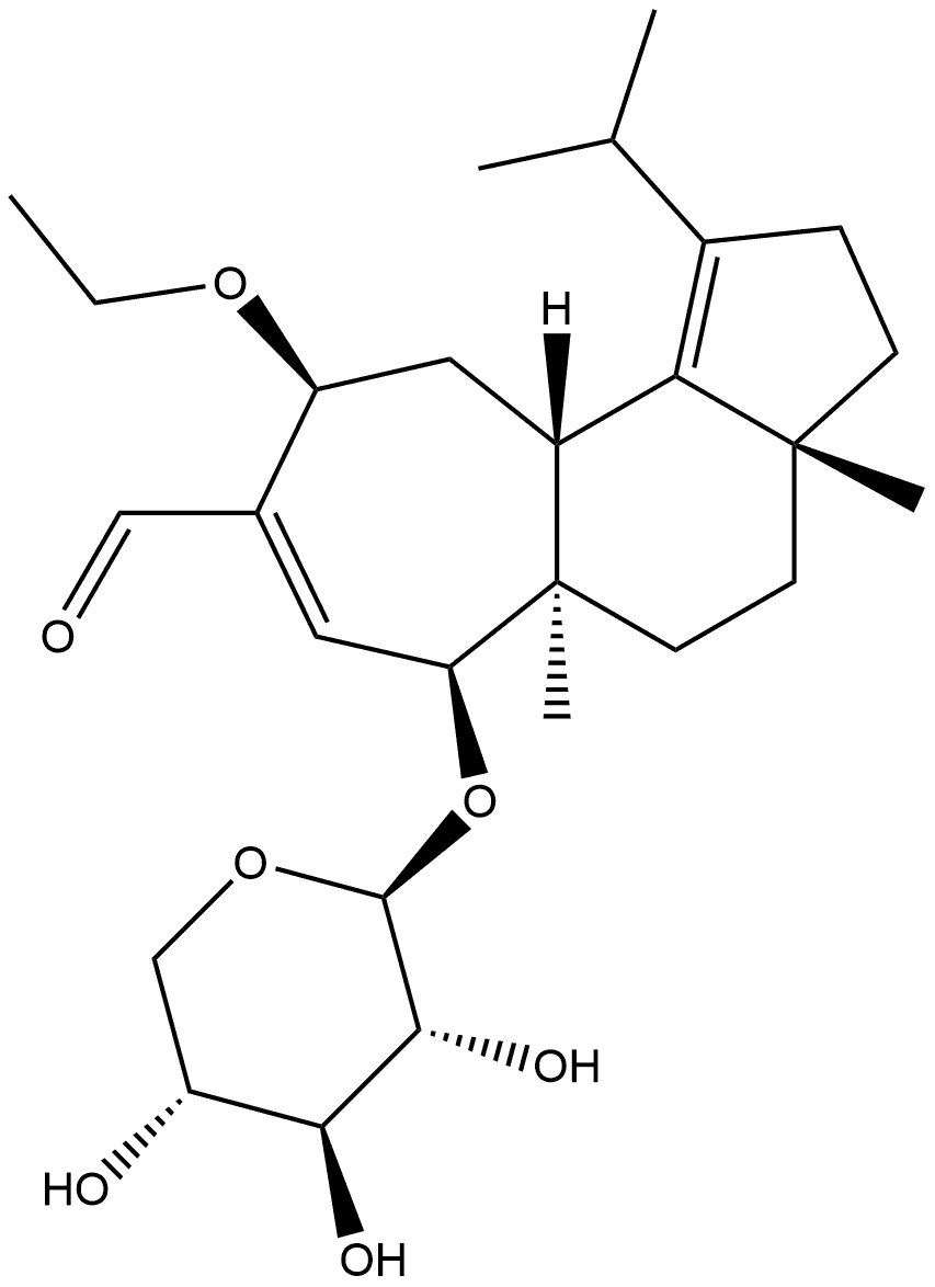 Cyclohept[e]indene-8-carboxaldehyde, 9-ethoxy-2,3,3a,4,5,5a,6,9,10,10a-decahydro-3a,5a-dimethyl-1-(1-methylethyl)-6-(β-D-xylopyranosyloxy)-, (3aR,5aR,6S,9S,10aR)-rel- Struktur