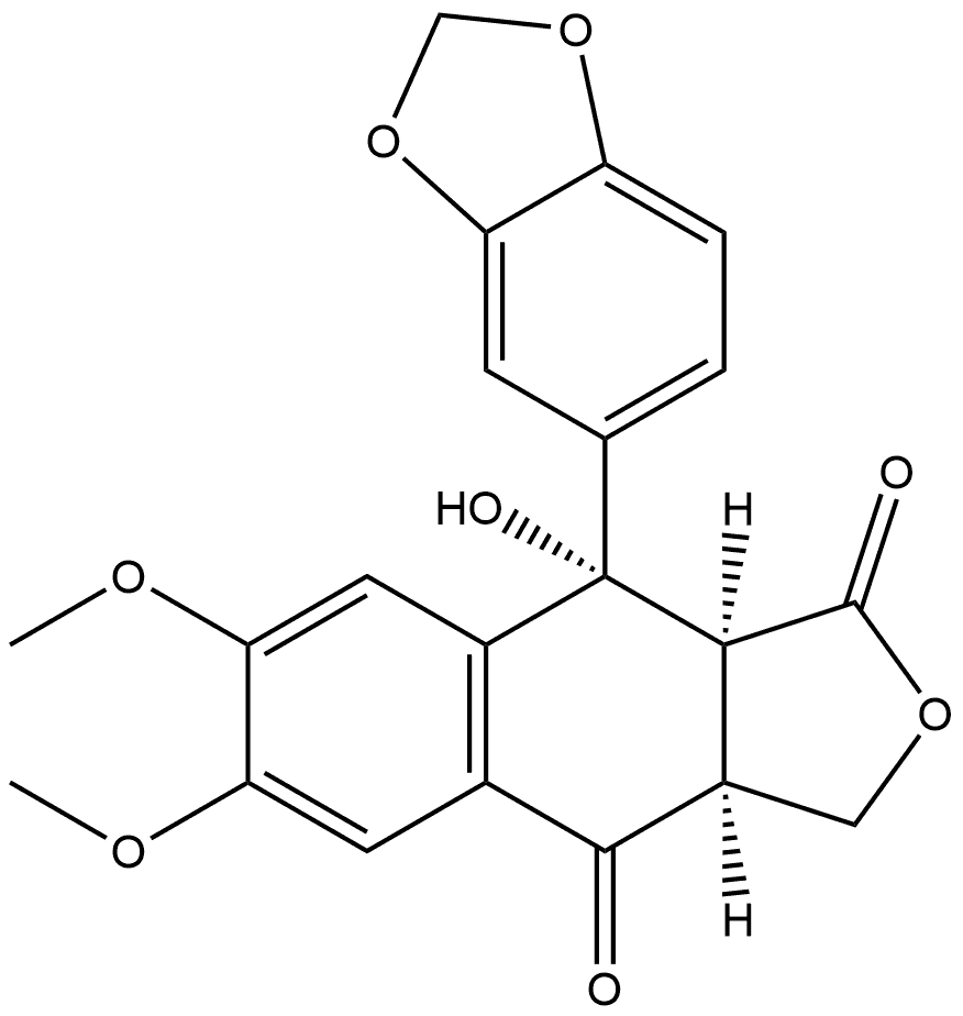 Naphtho[2,3-c]furan-1,4-dione, 9-(1,3-benzodioxol-5-yl)-3,3a,9,9a-tetrahydro-9-hydroxy-6,7-dimethoxy-, [3aS-(3aα,9α,9aα)]- (9CI) Struktur