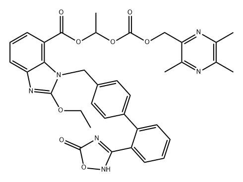 1H-Benzimidazole-7-carboxylic acid, 1-[[2'-(2,5-dihydro-5-oxo-1,2,4-oxadiazol-3-yl)[1,1'-biphenyl]-4-yl]methyl]-2-ethoxy-, 1-[[[(3,5,6-trimethyl-2-pyrazinyl)methoxy]carbonyl]oxy]ethyl ester Struktur