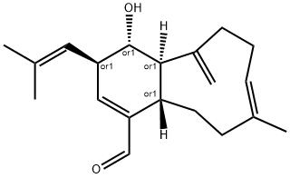 5H-Benzocyclononene-1-carboxaldehyde, 3,4,4a,6,7,10,11,11a-octahydro-4-hydroxy-9-methyl-5-methylene-3-(2-methyl-1-propenyl)-, (3R,4S,4aR,8E,11aS)-rel- (9CI) Struktur