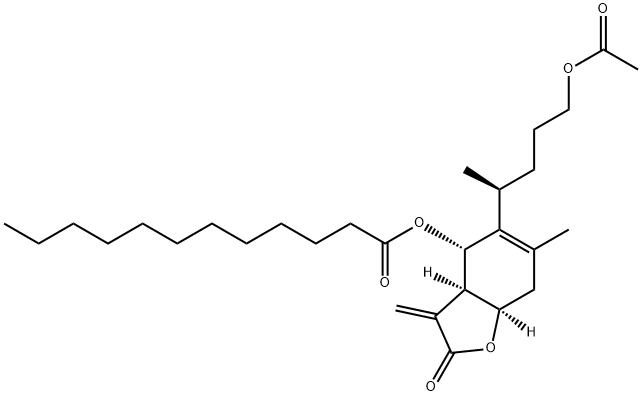 Dodecanoic acid, (3aR,4S,7aR)-5-[(1S)-4-(acetyloxy)-1-methylbutyl]-2,3,3a,4,7,7a-hexahydro-6-methyl-3-methylene-2-oxo-4-benzofuranyl ester Struktur