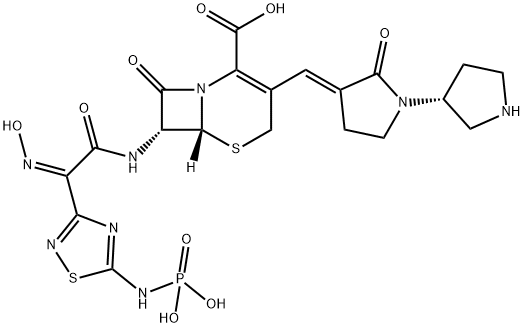 5-Thia-1-azabicyclo[4.2.0]oct-2-ene-2-carboxylic acid, 7-[[(2Z)-2-(hydroxyimino)-2-[5-(phosphonoamino)-1,2,4-thiadiazol-3-yl]acetyl]amino]-8-oxo-3-[(E)-[(3'R)-2-oxo[1,3'-bipyrrolidin]-3-ylidene]methyl]-, (6R,7R)- Struktur