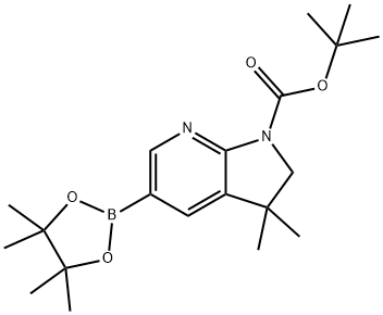 1H-Pyrrolo[2,3-b]pyridine-1-carboxylic acid, 2,3-dihydro-3,3-dimethyl-5-(4,4,5,5-tetramethyl-1,3,2-dioxaborolan-2-yl)-, 1,1-dimethylethyl ester Struktur