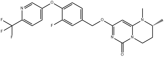 6H-Pyrimido[1,6-a]pyrimidin-6-one, 8-[[3-fluoro-4-[[6-(trifluoromethyl)-3-pyridinyl]oxy]phenyl]methoxy]-1,2,3,4-tetrahydro-1,2-dimethyl-, (2R)- Struktur