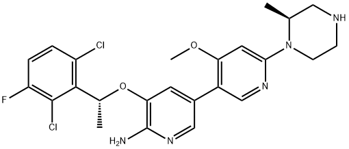 [3,3'-Bipyridin]-6-amine, 5-[(1R)-1-(2,6-dichloro-3-fluorophenyl)ethoxy]-4'-methoxy-6'-[(2S)-2-methyl-1-piperazinyl]- Struktur