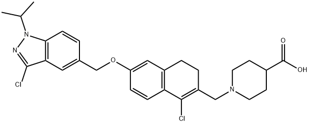 4-Piperidinecarboxylic acid, 1-[[1-chloro-6-[[3-chloro-1-(1-methylethyl)-1H-indazol-5-yl]methoxy]-3,4-dihydro-2-naphthalenyl]methyl]- Struktur