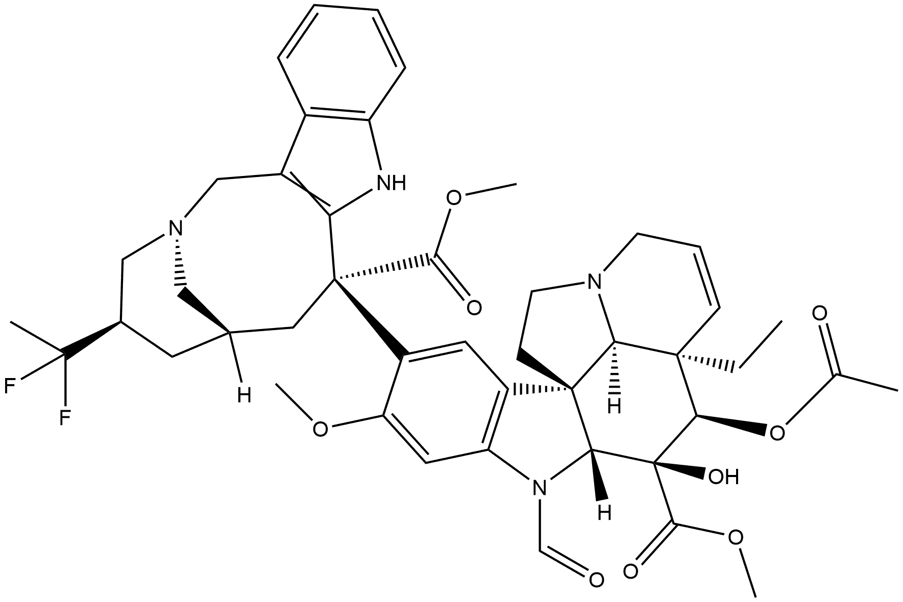 Aspidospermidine-3-carboxylic acid, 4-(acetyloxy)-6,7-didehydro-15-[(2R,4R,6S,8S)-4-(1,1-difluoroethyl)-1,3,4,5,6,7,8,9-octahydro-8-(methoxycarbonyl)-2,6-methano-2H-azecino[4,3-b]indol-8-yl]-1-formyl-3-hydroxy-16-methoxy-, methyl ester, (2β,3β,4β,5α,12R,19α)- (9CI) Struktur