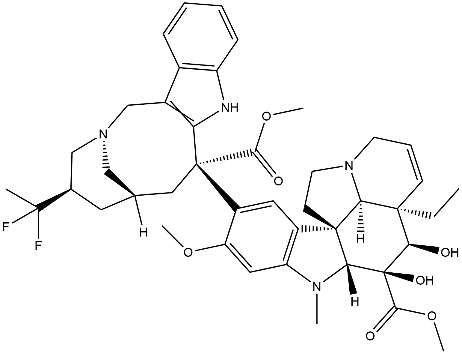 Aspidospermidine-3-carboxylic acid, 6,7-didehydro-15-[(2R,4R,6S,8S)-4-(1,1-difluoroethyl)-1,3,4,5,6,7,8,9-octahydro-8-(methoxycarbonyl)-2,6-methano-2H-azecino[4,3-b]indol-8-yl]-3,4-dihydroxy-16-methoxy-1-methyl-, methyl ester, (2β,3β,4β,5α,12R,19α)- Structure