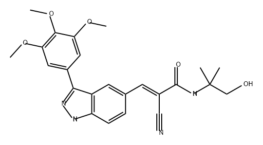 2-Propenamide, 2-cyano-N-(2-hydroxy-1,1-dimethylethyl)-3-[3-(3,4,5-trimethoxyphenyl)-1H-indazol-5-yl]-, (2E)- Struktur