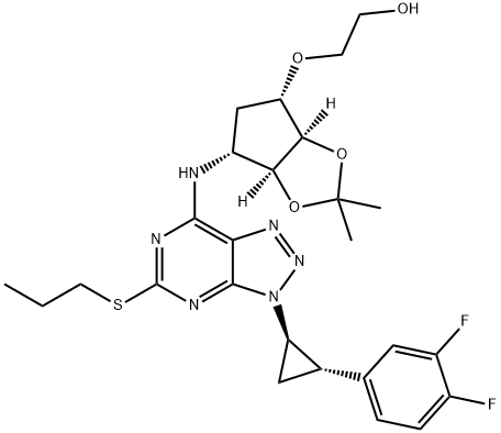 Ethanol, 2-[[(3aR,4S,6R,6aS)-6-[[3-[(1R,2S)-2-(3,4-difluorophenyl)cyclopropyl]-5-(propylthio)-3H-1,2,3-triazolo[4,5-d]pyrimidin-7-yl]amino]tetrahydro-2,2-dimethyl-4H-cyclopenta-1,3-dioxol-4-yl]oxy]- Struktur