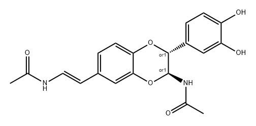 Acetamide, N-[(1E)-2-[(2R,3S)-3-(acetylamino)-2-(3,4-dihydroxyphenyl)-2,3-dihydro-1,4-benzodioxin-6-yl]ethenyl]-, rel- Struktur