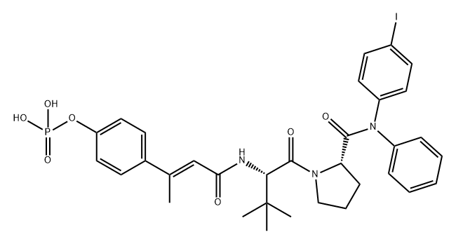 L-Prolinamide, 3-methyl-N-[(2E)-1-oxo-3-[4-(phosphonooxy)phenyl]-2-buten-1-yl]-L-valyl-N-(4-iodophenyl)-N-phenyl- Struktur