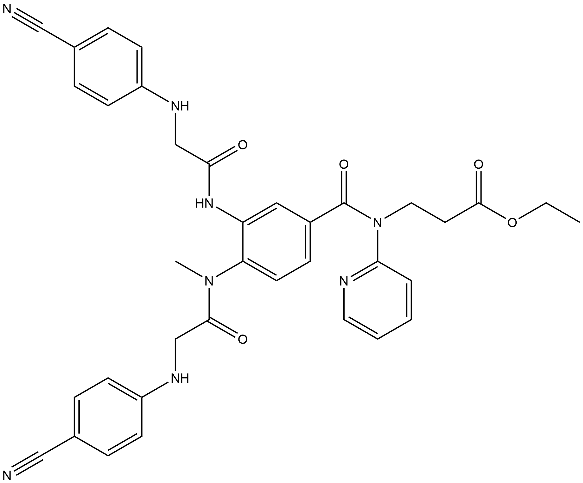 Propanoic acid, 3-[[3-[[2-[(4-cyanophenyl)amino]acetyl]amino]-4-[[2-[(4-cyanophenyl)amino]acetyl]methylamino]benzoyl]-2-pyridinylamino]-, ethyl ester Struktur