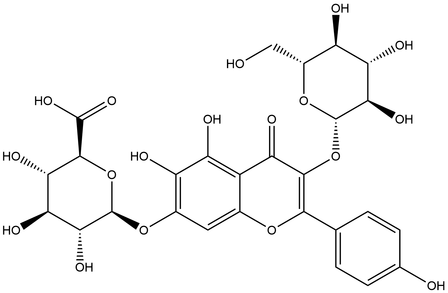 β-D-Glucopyranosiduronic acid, 3-(β-D-glucopyranosyloxy)-5,6-dihydroxy-2-(4-hydroxyphenyl)-4-oxo-4H-1-benzopyran-7-yl Struktur