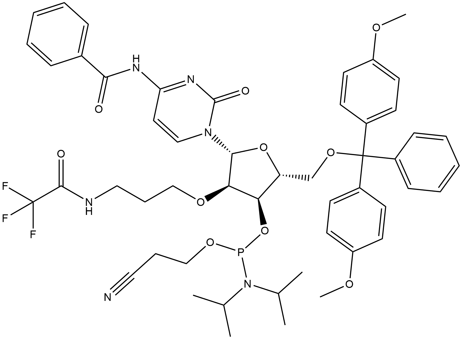 Cytidine, N-benzoyl-5'-O-[bis(4-methoxyphenyl)phenylmethyl]-2'-O-[3-[(trifluoroacetyl)amino]propyl]-, 3'-[2-cyanoethyl bis(1-methylethyl)phosphoramidite] (9CI) Struktur