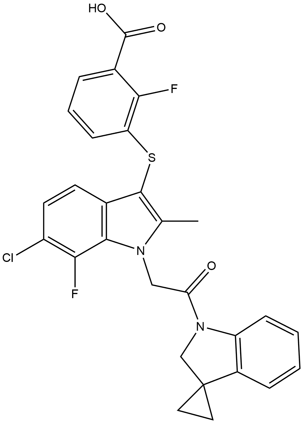 3-[[6-Chloro-7-fluoro-2-methyl-1-[2-oxo-2-(spiro[cyclopropane-1,3′-indolin]-1′-yl)ethyl]-1H-indol-3-yl]thio]-2-fluorobenzoic acid Struktur