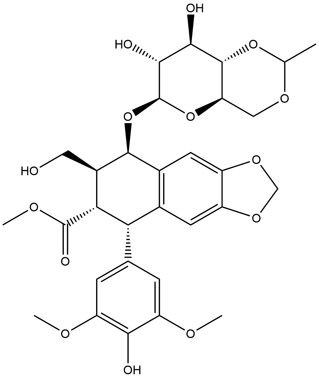 Naphtho[2,3-d]-1,3-dioxole-6-carboxylic acid, 8-[(4,6-O-ethylidene-β-D-glucopyranosyl)oxy]-5,6,7,8-tetrahydro-5-(4-hydroxy-3,5-dimethoxyphenyl)-7-(hydroxymethyl)-, methyl ester, [5R-[5α,6α,7β,8β(R*)]]- (9CI) Struktur